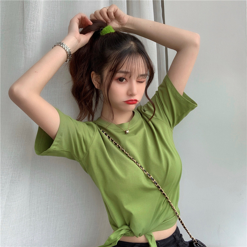 2021 verano nuevo estilo coreano de moda de cintura alta corto elegante estilo elegante manga corta color sólido diseño cuidadoso camiseta para mujer