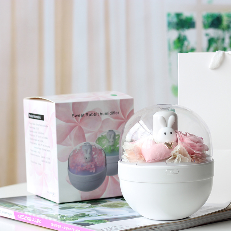 Regalo de San Valentín, rosa real, humidificador brillante, tres colores disponibles, muñeca conejo, luz ambiental, caja de regalo de flor eterna