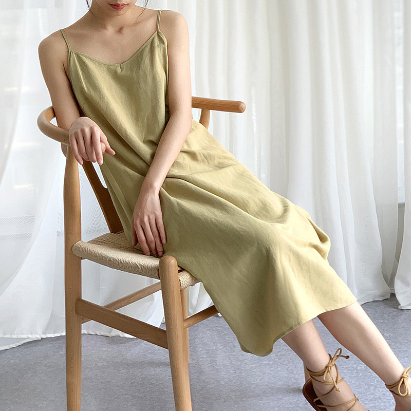 【Clearance Bargain】Ramie Dress Cotton Linen Camisole Dress Can Be Worn Inside or Out Versatile Solid Color Mid-Length Dress