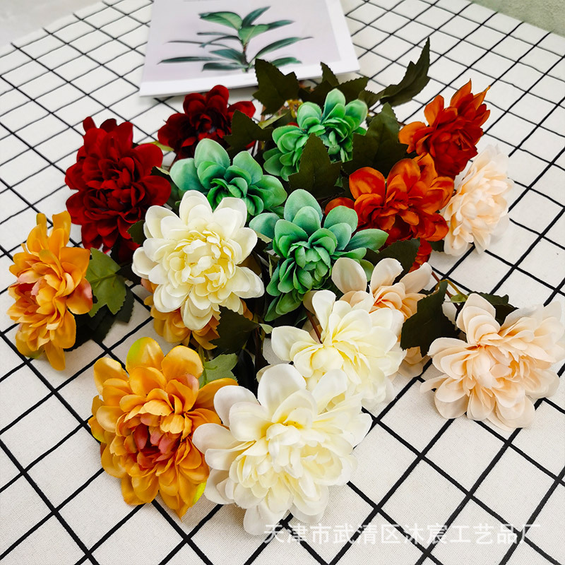 Nueva flor artificial 3-cabeza daliju boda carretera plomo Nordic Home Hotel falso flor Decoración Accesorios de tiro DIY