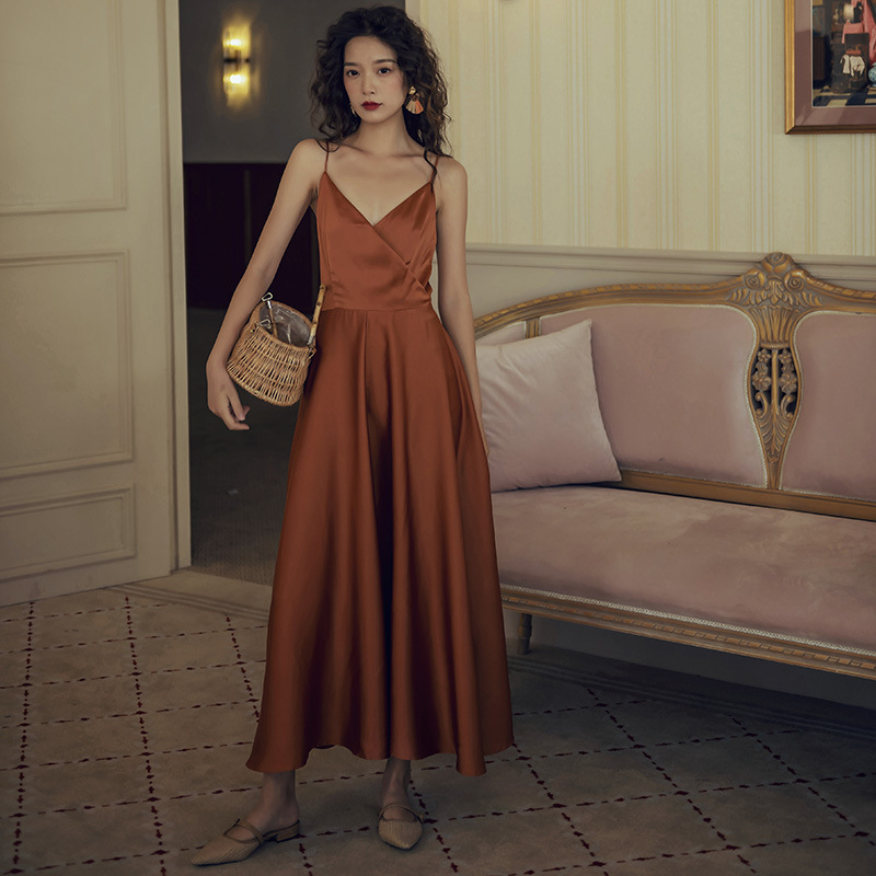 New Women's Holiday Dress Seaside Beach Dress Satin Sexy Backless Suspender Skirt Long Dress Island Skirt Summer