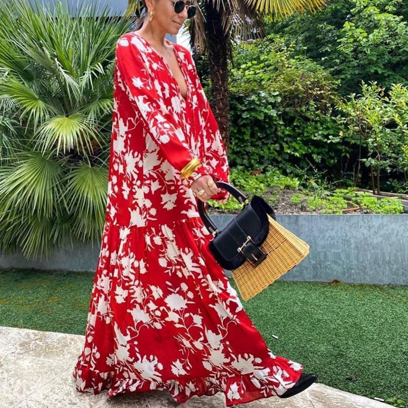 2024 Cross-border Spring and Summer New Amazon European and American dress Long Sleeve Printed Large Swing Loose Casual Chiffon Long Dress