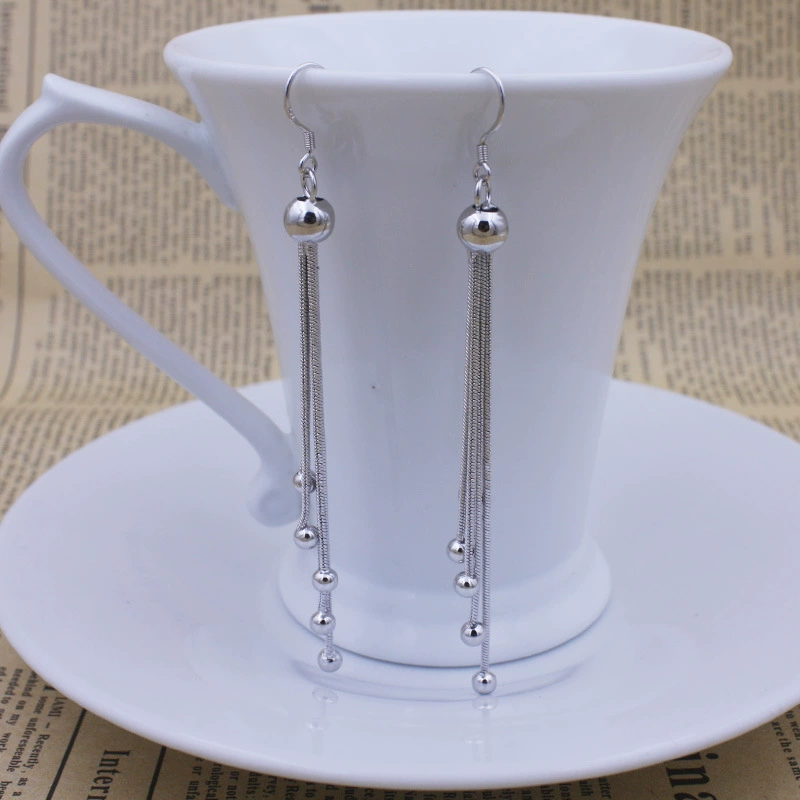 Beaded tassel dangle earrings, retro copper/silver tone, long 9 cm