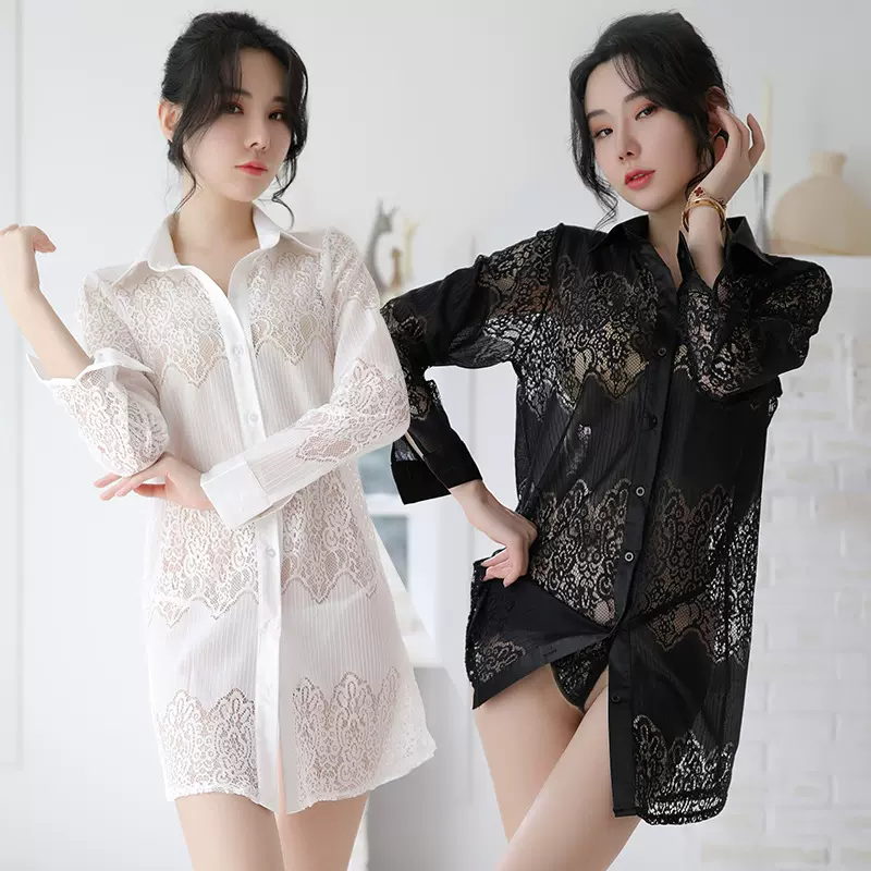 性感蕾丝半透套装睡衣情趣内衣女镂空诱惑长袖衬衫丁字裤一件代发