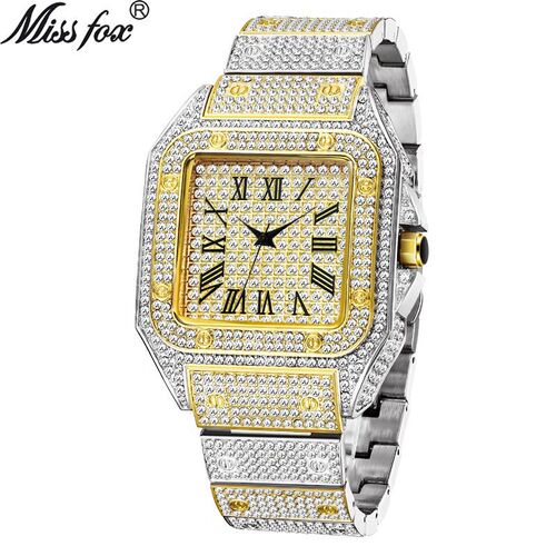 missfox European and American golden Roman high-end hip-hop star-studded diamond square men's watch fashion quartz watch