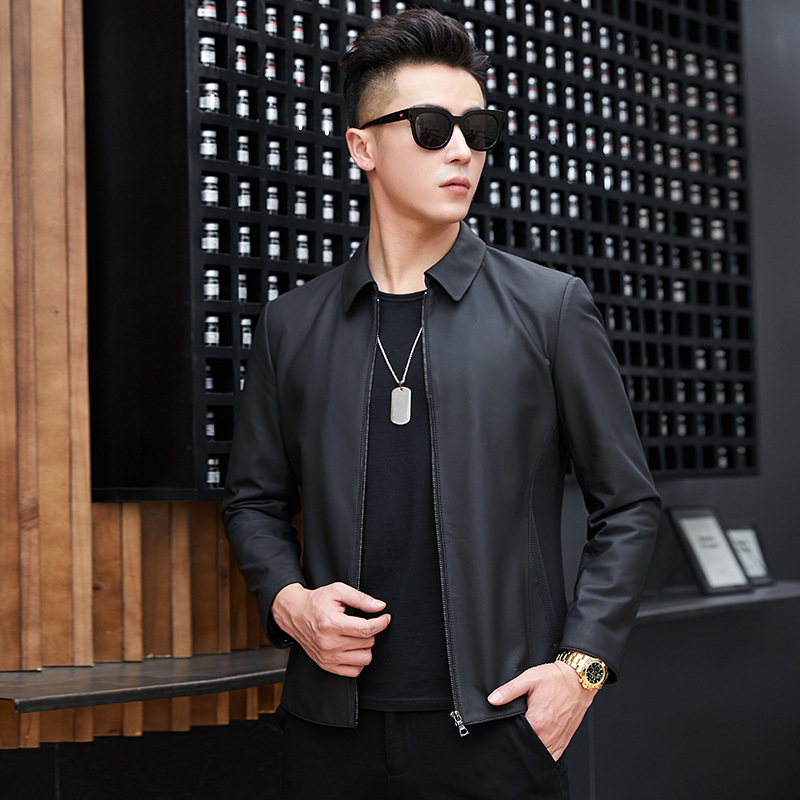 Short Leather Jacket Men's Haining Genuine Leather Zipper Dad Sheepskin Business Casual Leather Jacket Lapel Leather Jacket