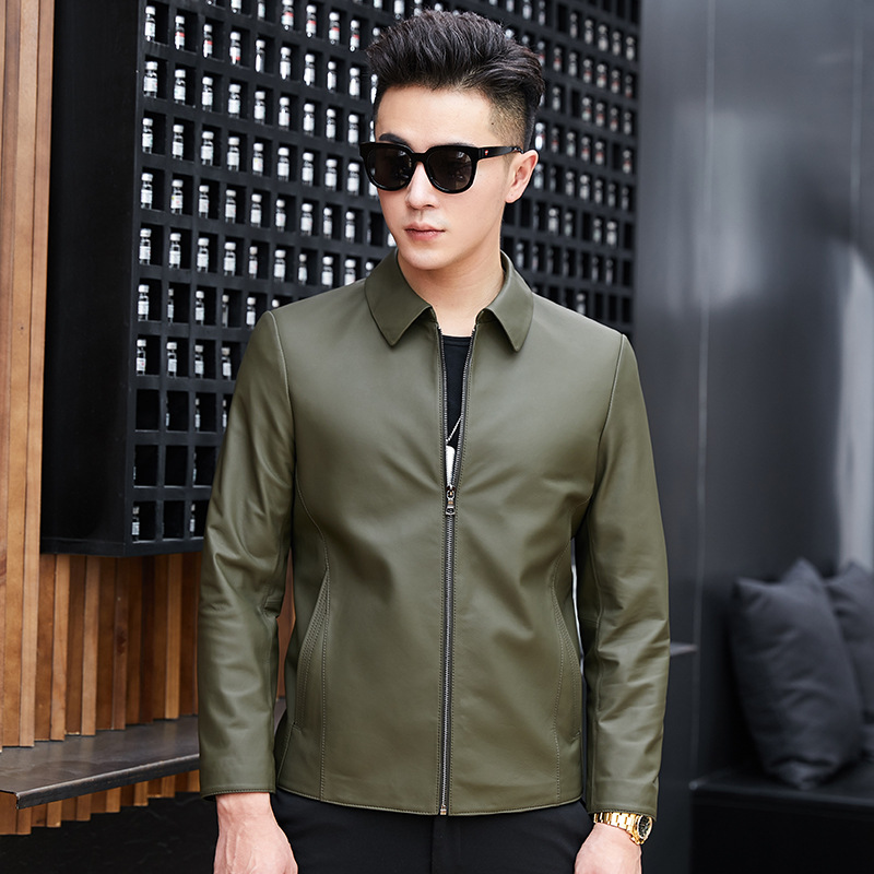 Short Leather Jacket Men's Haining Genuine Leather Zipper Dad Sheepskin Business Casual Leather Jacket Lapel Leather Jacket