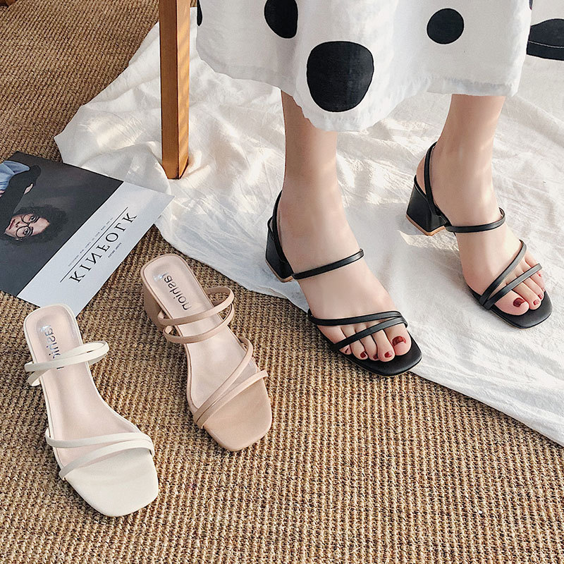 Black Thin Strap Sandals for Women, Fairy Style 2020 New Medium Heel Sandals for Women, Thick Heel One-Strap Women's Shoes for Outer Wear