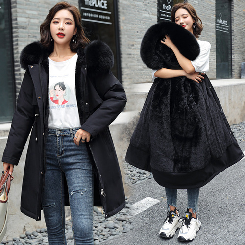 Women's Long-Sleeve Thick Korean-Style Fitted Hooded Down Jacket with Big Plush Collar, Large Size Winter Coat