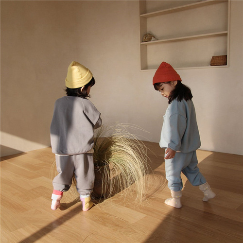 2024 Autumn Korean children's clothing boys and girls suits baby two-piece set children's loose linen cotton casual sweatshirt suit