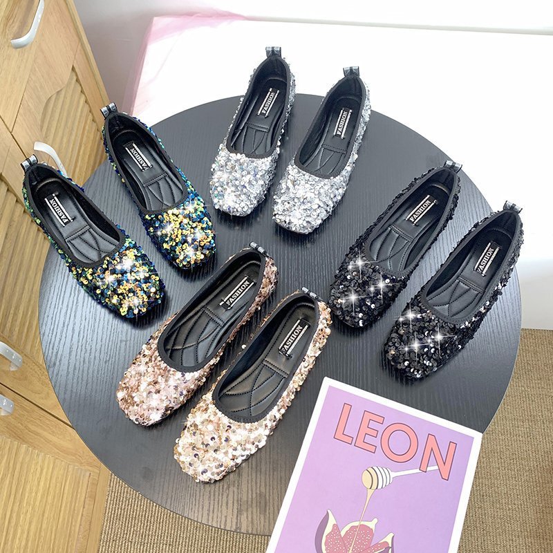2024 Spring/Summer/Autumn Women's Fashion Sequin Square-Toe Shallow Loafers Flat Shoes Trendy Shoes Export Comfortable