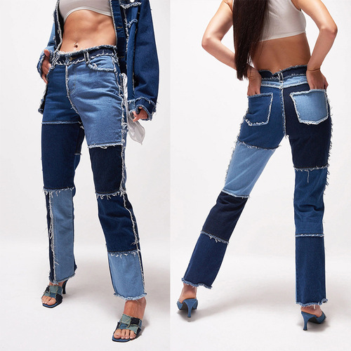 2025 Summer New Arrival: Large Amazon-style European and American Trendy Multi-Color Patchwork High-Waisted Tight-Fit Women's Straight-Leg Denim Long Pants