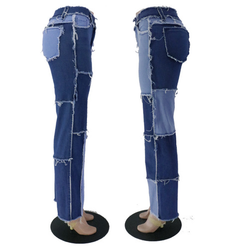 2025 Summer New Arrival: Large Amazon-style European and American Trendy Multi-Color Patchwork High-Waisted Tight-Fit Women's Straight-Leg Denim Long Pants