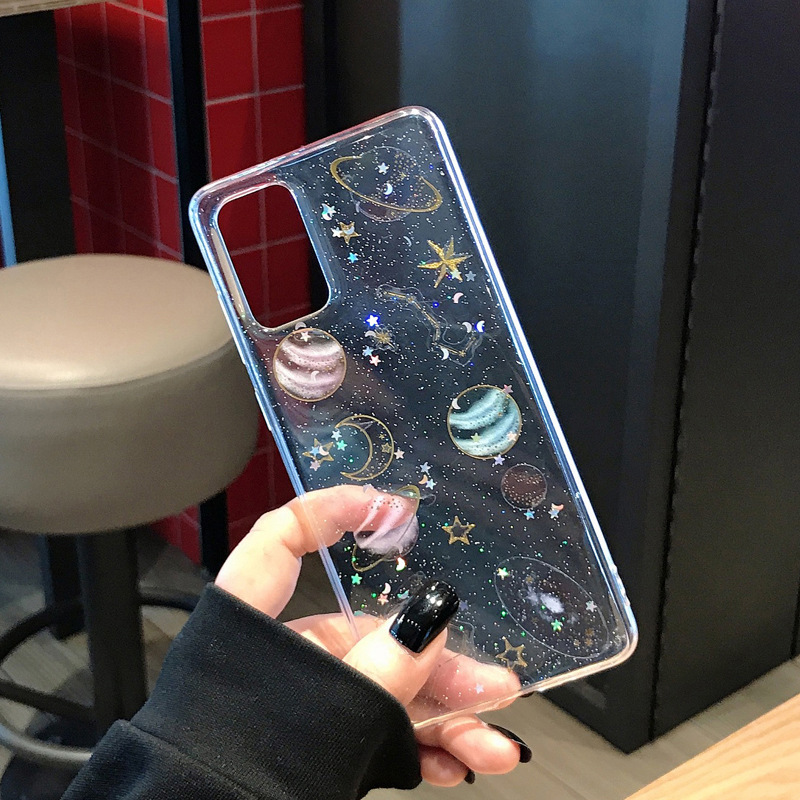 For Samsung s23 mobile phone case A13 transparent soft case A73/A53 glitter planet Note20 drop glue S24U