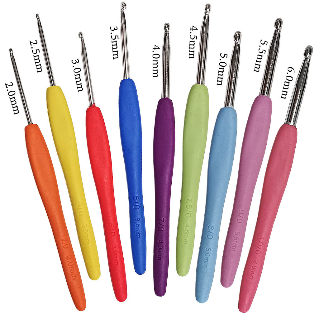 Herramientas de tejer aguja suéter TPR mezclado PP crochet mango suave aluminio crochet 9 piezas conjunto bolsa opp