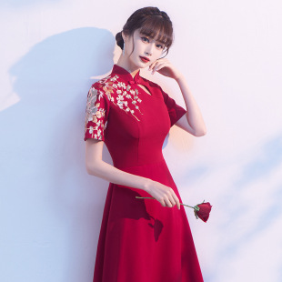 Red wedding, toasting the bride, Chinese style improved cheongsam, thin temperament, evening dress female A -line skirt mid -length