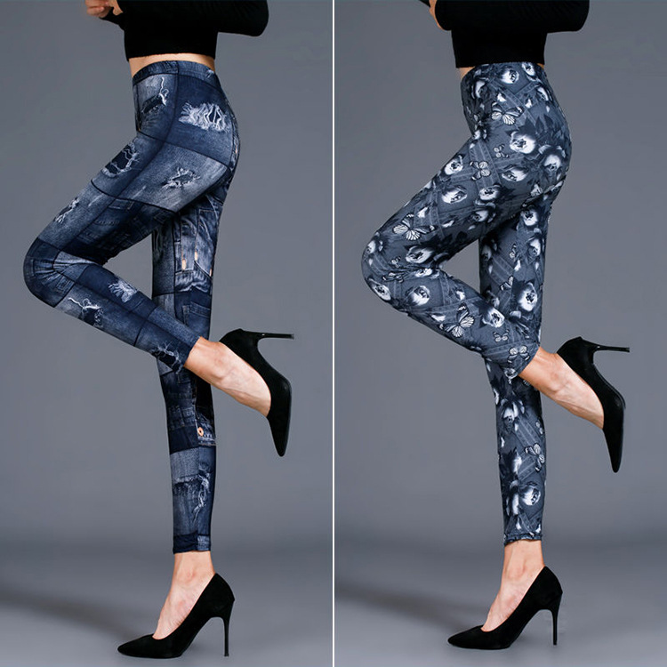 Fashionable Women's Imitation Denim Cropped Leggings Milk Silk Large Size Small Feet Mid-high Waist Outer Wear Thin Pants Slim-fit
