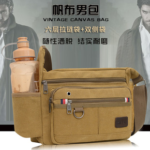 Men's Bag Wholesale Large Capacity Multi-Layer Zipper Canvas Crossbody Bag Outdoor Sports Large Water Cup Men's Crossbody Bag