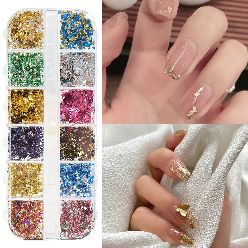 Accesorios de manicura nuevo estilo japonés manicura hoja de oro seda 12 colores en caja de oro fino y fragmentos de hoja de plata DIY papel de aluminio decorativo