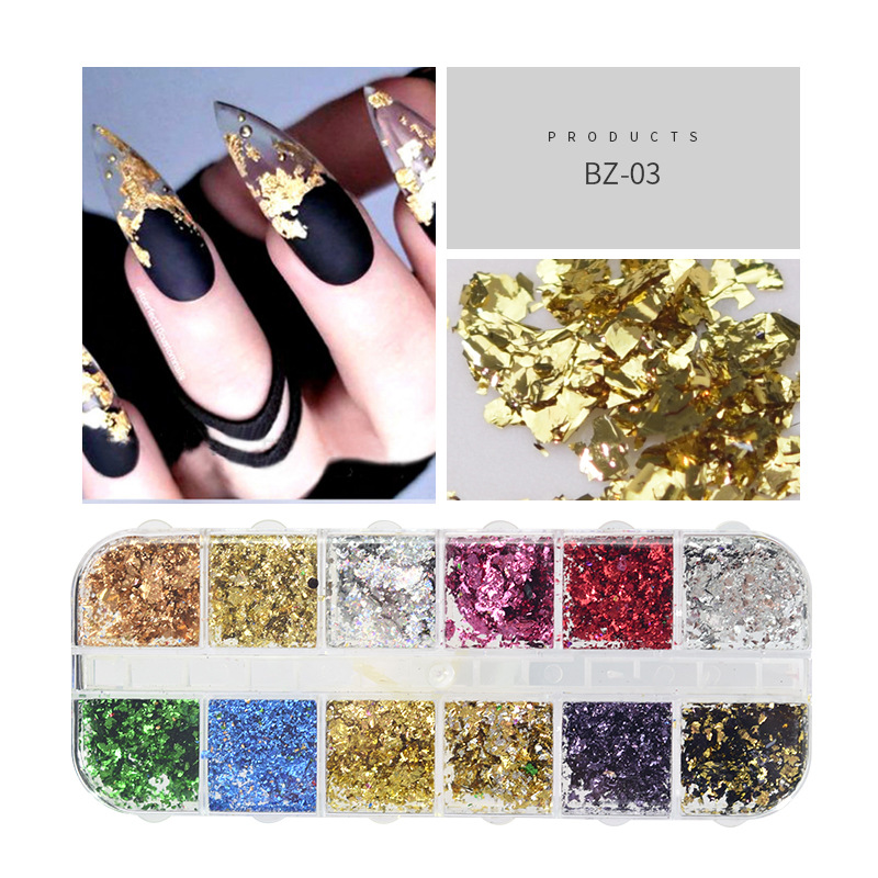 Accesorios de manicura nuevo estilo japonés manicura hoja de oro seda 12 colores en caja de oro fino y fragmentos de hoja de plata DIY papel de aluminio decorativo