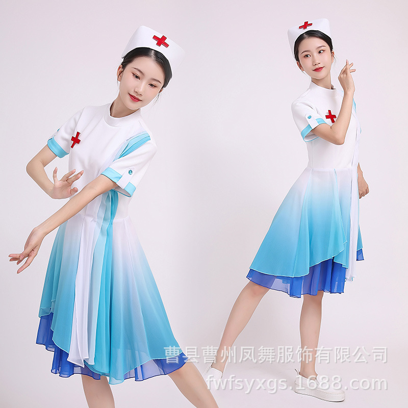 新款护士舞蹈表演服夏季成人舞台连衣裙舞蹈服白衣天使演出服装