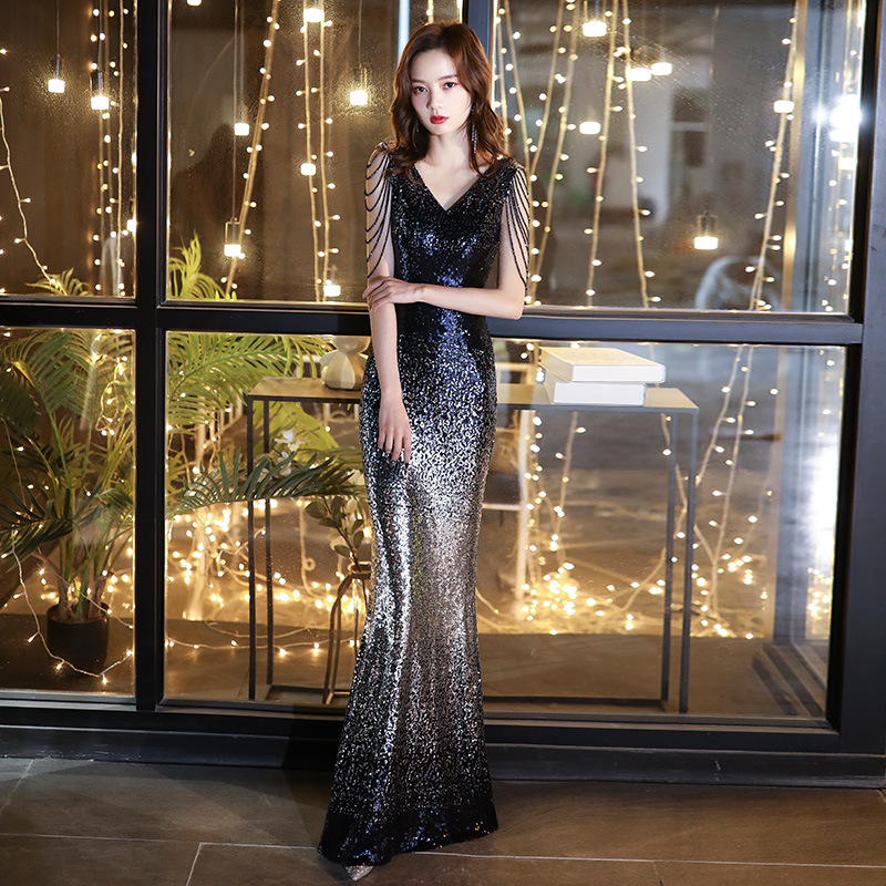 Vestido de noche con lentejuelas para mujer 2025, nuevo vestido largo ajustado de sirena, estilo sexy y elegante, ideal para presentadoras, con efecto adelgazante.