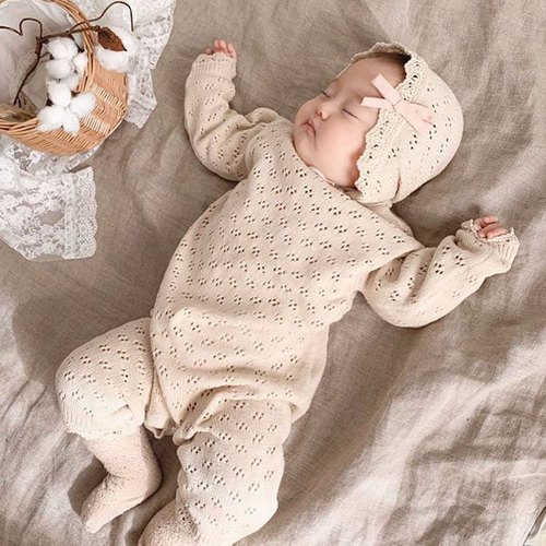 New Autumn  Knitted Onesie for Baby Girls with Lace Trim, Long Sleeve, Hat, and Crawling Suit