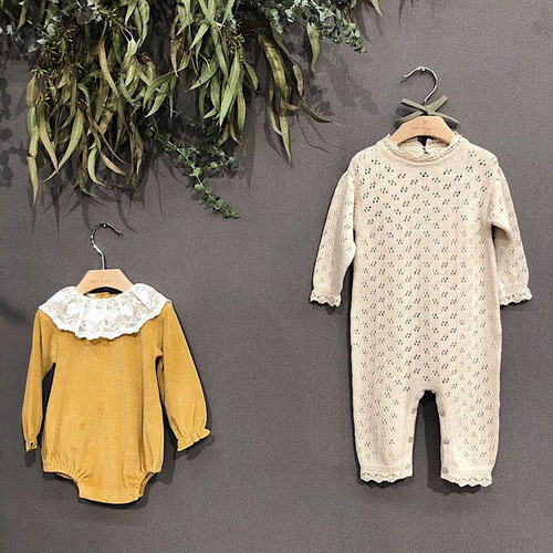 New Autumn  Knitted Onesie for Baby Girls with Lace Trim, Long Sleeve, Hat, and Crawling Suit