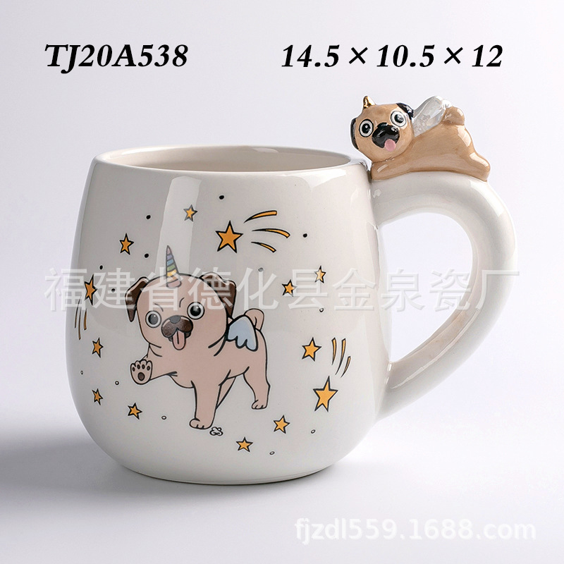 Animal solo cuerno perro dormitorio caja de joyería de cerámica Exportación de comercio exterior creativo lindo PUG taza de agua de cerámica