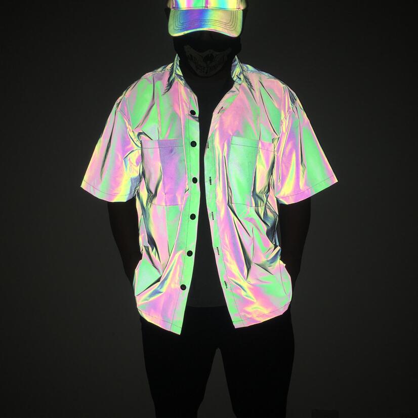2020 nueva camisa de manga corta reflectante colorida transfronteriza europea y americana hip hop colorida camisa luminosa moda