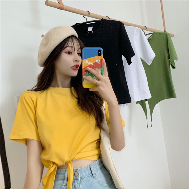 2021 verano nuevo estilo coreano de moda de cintura alta corto elegante estilo elegante manga corta color sólido diseño cuidadoso camiseta para mujer