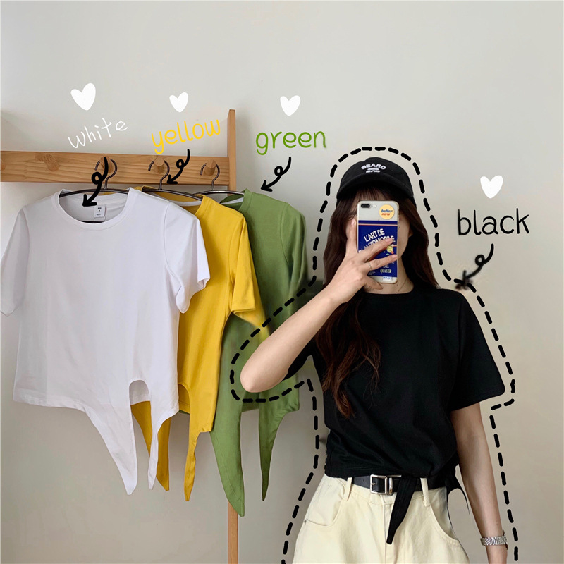2021 verano nuevo estilo coreano de moda de cintura alta corto elegante estilo elegante manga corta color sólido diseño cuidadoso camiseta para mujer