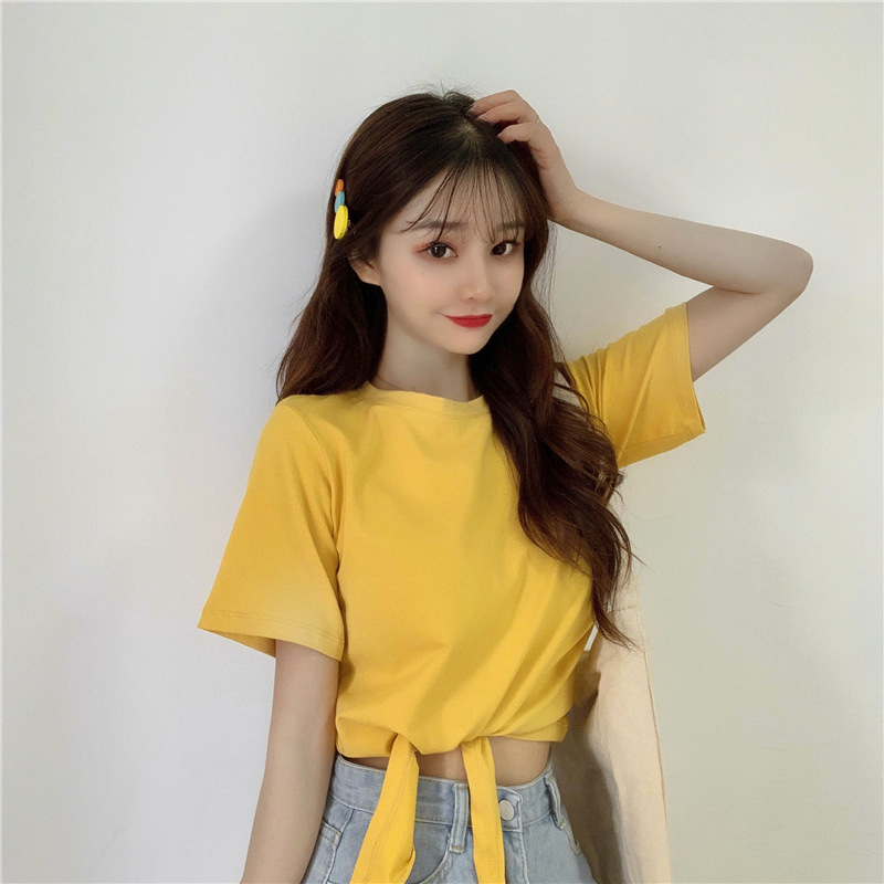 2021 verano nuevo estilo coreano de moda de cintura alta corto elegante estilo elegante manga corta color sólido diseño cuidadoso camiseta para mujer