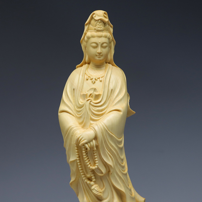 黄楊木彫り観音菩薩仏像は家庭用オフィス装飾品数珠観音置物工芸品を供えています。|undefined