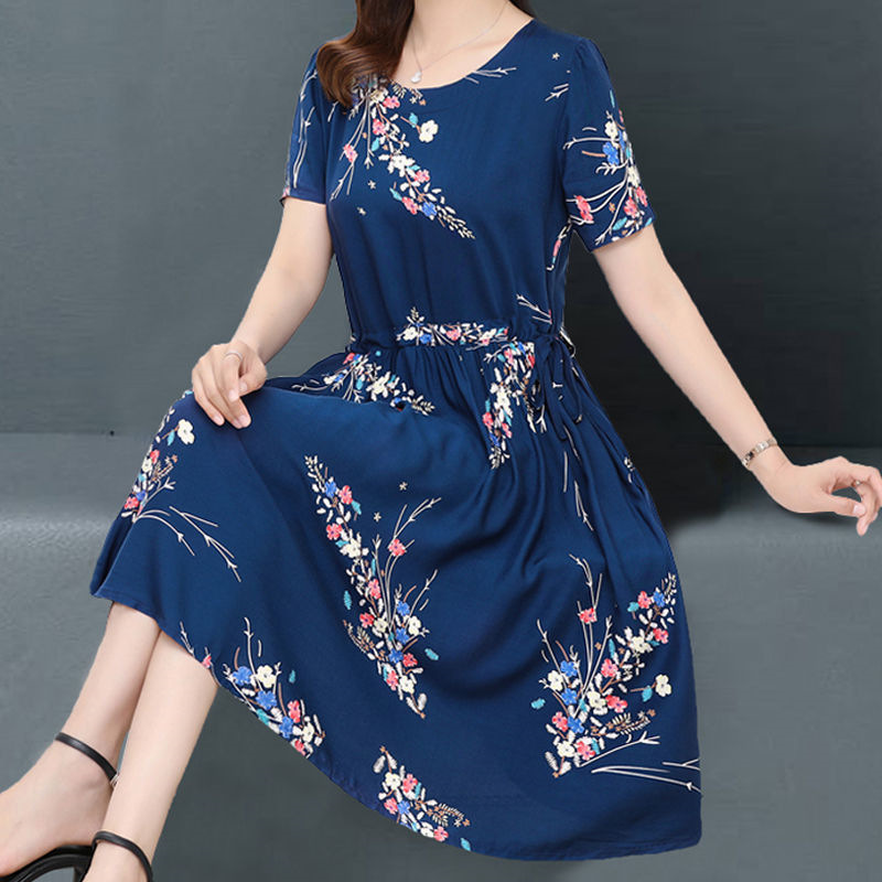 Spring and Summer New Plus-Size Women's Floral Dress for Middle-Aged and Elderly Mothers, Loose and Slimming, Age-Reducing Dress for Plus-Size Women