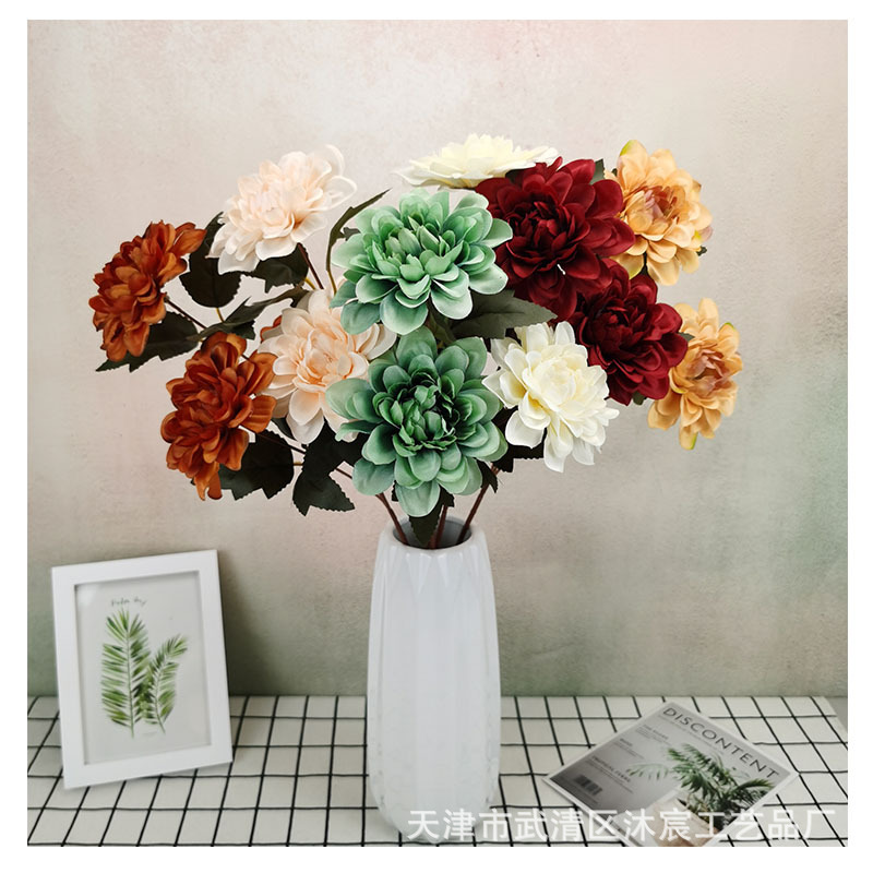 Nueva flor artificial 3-cabeza daliju boda carretera plomo Nordic Home Hotel falso flor Decoración Accesorios de tiro DIY