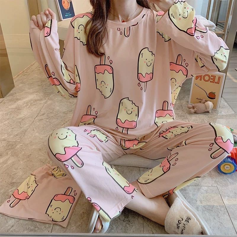 Pijamas de manga larga de las mujeres de primavera y otoño más tamaño pijamas de verano de las mujeres ropa de abrigo estilo coreano pijamas de las mujeres más tamaño traje de desgaste para el hogar