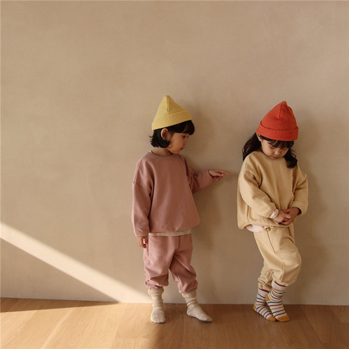 2024 Autumn Korean children's clothing boys and girls suits baby two-piece set children's loose linen cotton casual sweatshirt suit