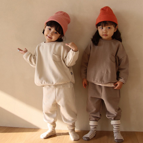 2024 Autumn Korean children's clothing boys and girls suits baby two-piece set children's loose linen cotton casual sweatshirt suit