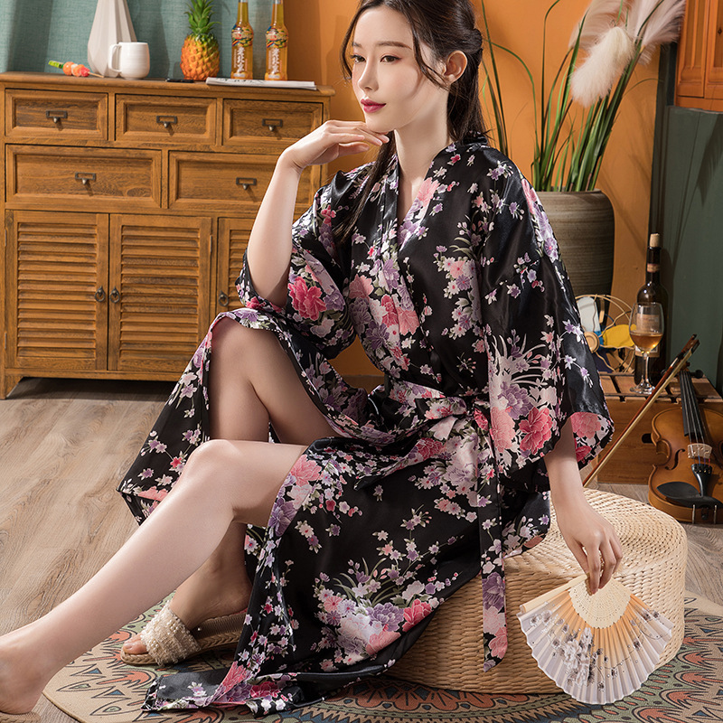 Pajamas for Women Spring and Summer Simulated Silk Satin Kimono Robe Export Floral Cardigan Dressing Gown Autumn and Winter Sexy Long Bathrobe
