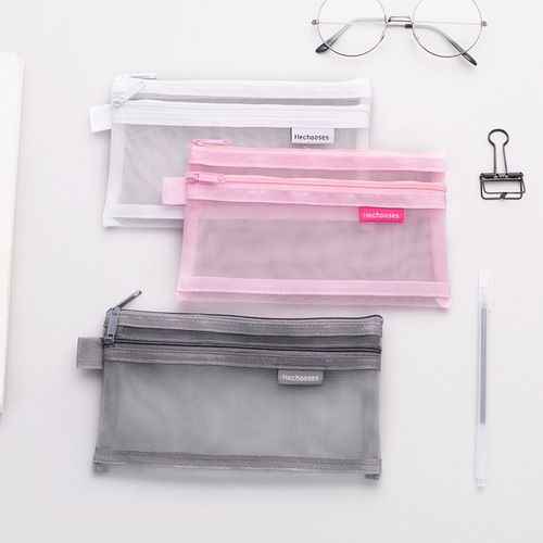 Simple transparent creative pencil bag stationery bag cosmetic bag Japanese and Korean style exam bag double-layer mesh bag storage bag wholesale