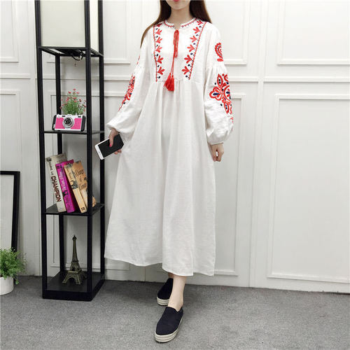 Ethnic-style cotton and linen dress, new cotton and linen embroidered long-sleeved dress, ethnic-style summer casual dress
