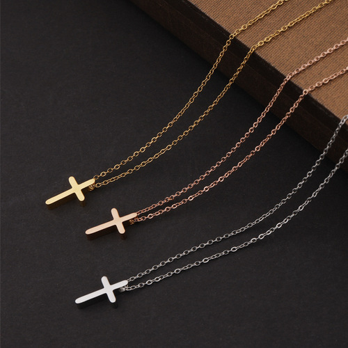 Mirror stainless steel exquisite small hole bead cross necklace for men and women couple simple hip-hop pendant clavicle chain