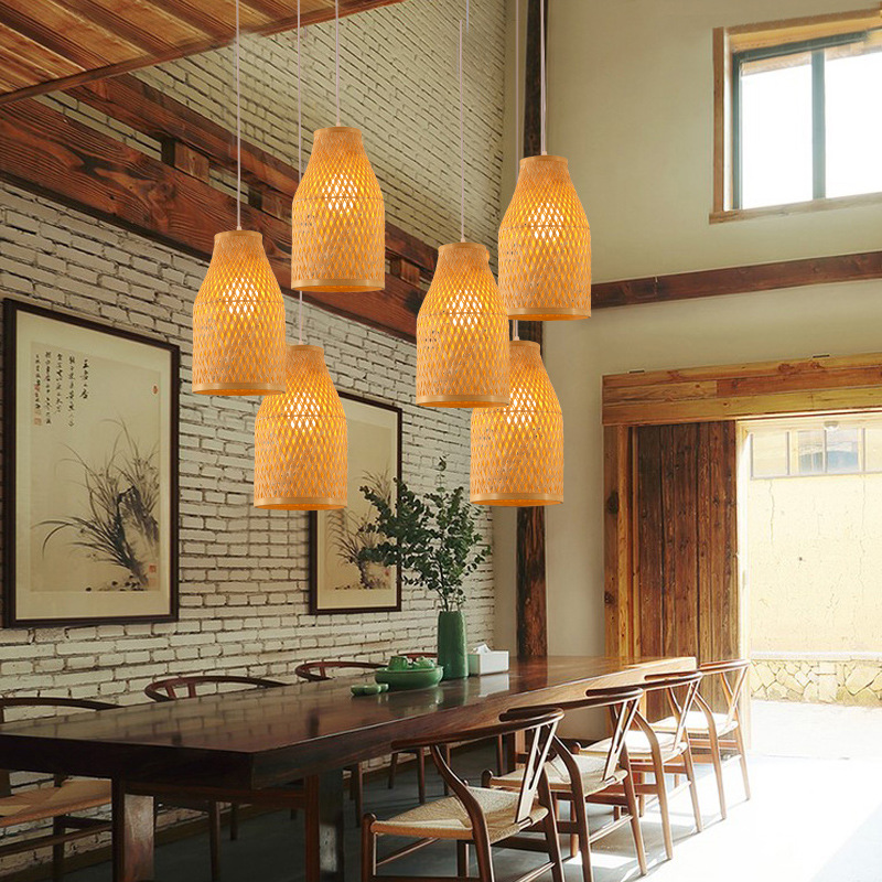 Lámpara de araña de bambú de estilo chino creativo restaurante B & B lámpara de bambú tejida a mano jaula de pájaros olla caliente restaurante lámpara de sala de té