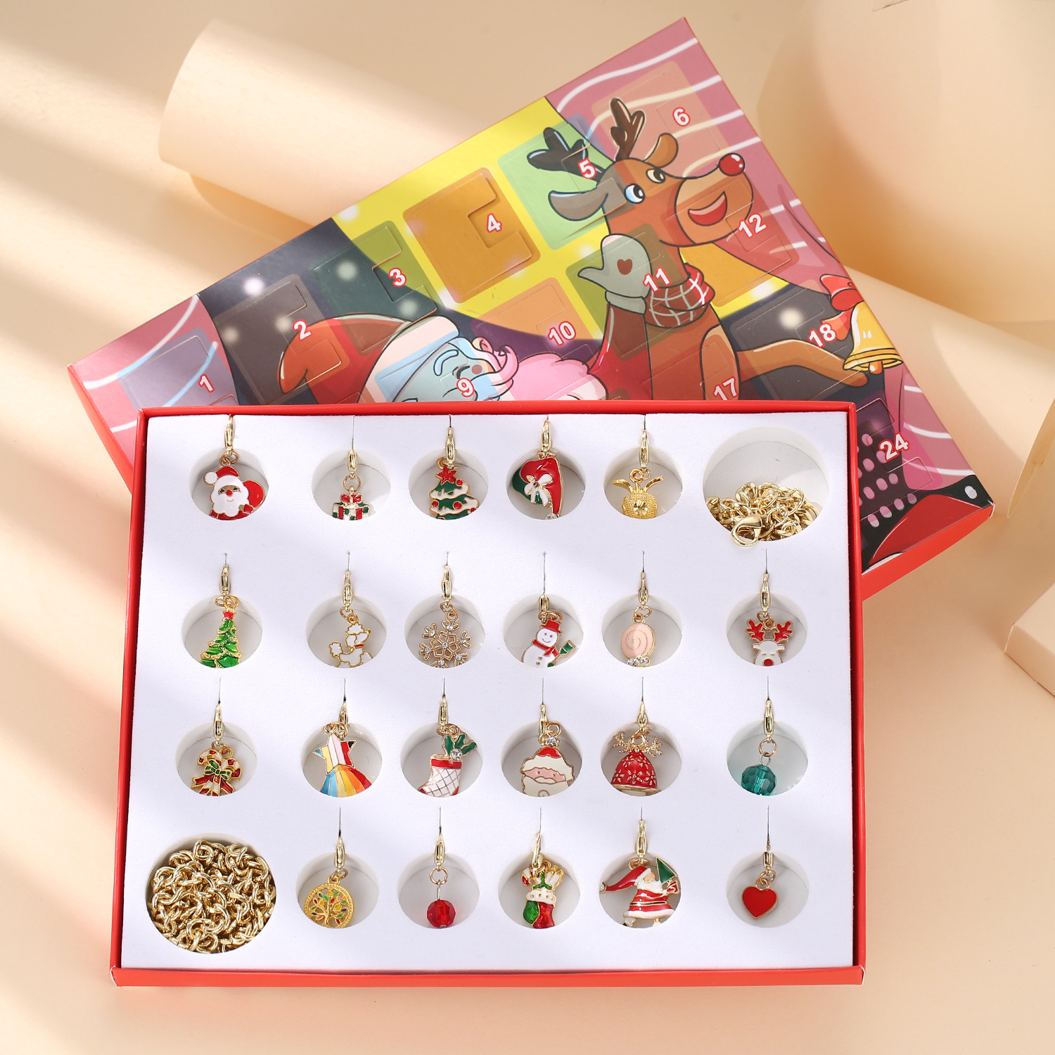 Joyas navideñas Caja de regalo de dibujos animados Caja de regalo de calendario de cuenta regresiva Adviento pulsera de oro Collar colgante Juego de caja ciega