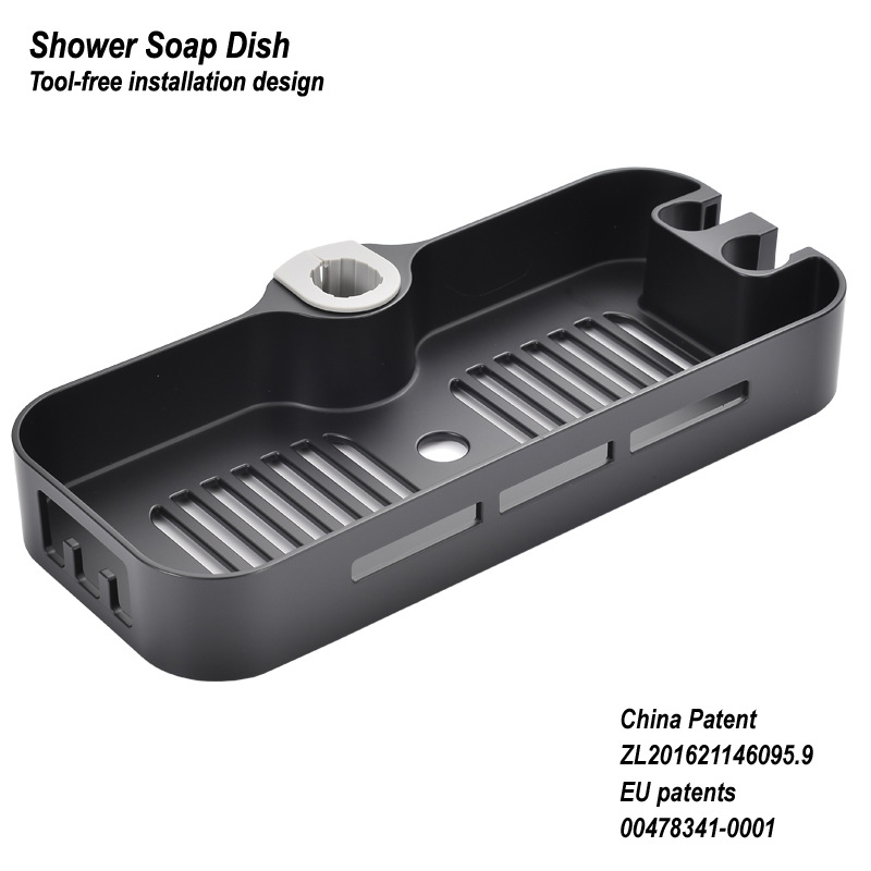 Matte Black bathroom storage rack punch-free square shower rod shower rod multi-function shower storage tray