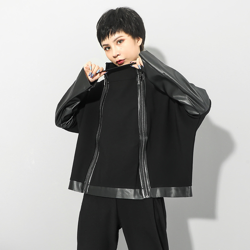 Spring and Autumn New Style Double Zipper Personalized Sweatshirt for Women, Harajuku Boyfriend Style, Loose and Fashionable, Stylish Pu Patchwork Sweatshirt