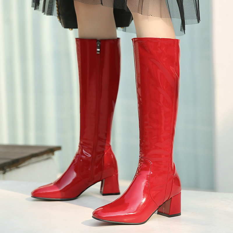 demi-season red high boots made of patent leather heels
