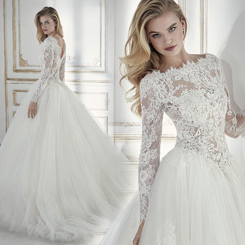 Foreign Trade 2025 New Round Neck Bridal Tail Wedding Dress White Backless Tail Slim Long-Sleeved Lace Wedding Dress