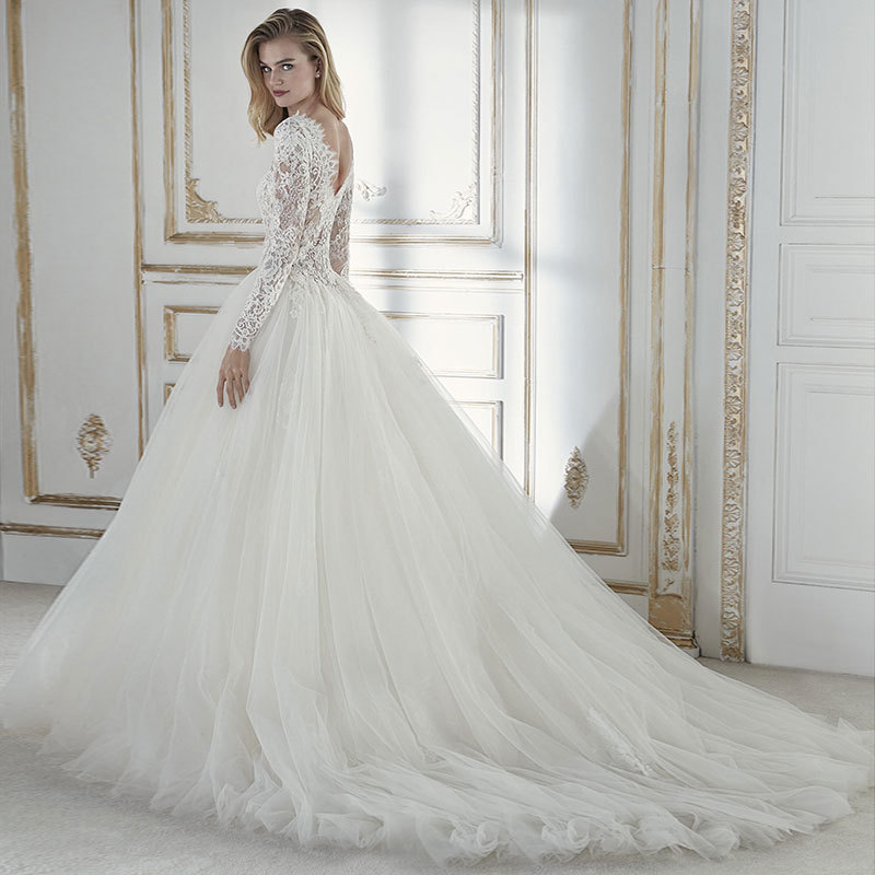 Foreign Trade 2025 New Round Neck Bridal Tail Wedding Dress White Backless Tail Slim Long-Sleeved Lace Wedding Dress
